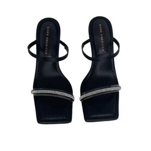 Good American Satin Open Square Toe Rhinestone Strappy Heels 8 1/2 NIB